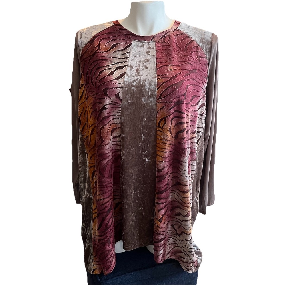 LOGO Lori‎ Goldstein Velvet Mixed Media 2X Tunic Boho Artsy Animal Print Indie